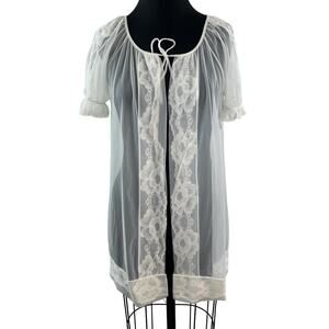 Vintage Movie Star White Sleep Robe Sheer Floral Lace Scoop Neck Tie Sz S Small